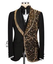 Gold Stone Embroidery Tuxedo Men Suits 3 Piece Sets Luxury Bead Groom Male Party Blazers Customized Slim Fit Wedding Ropa Hombre