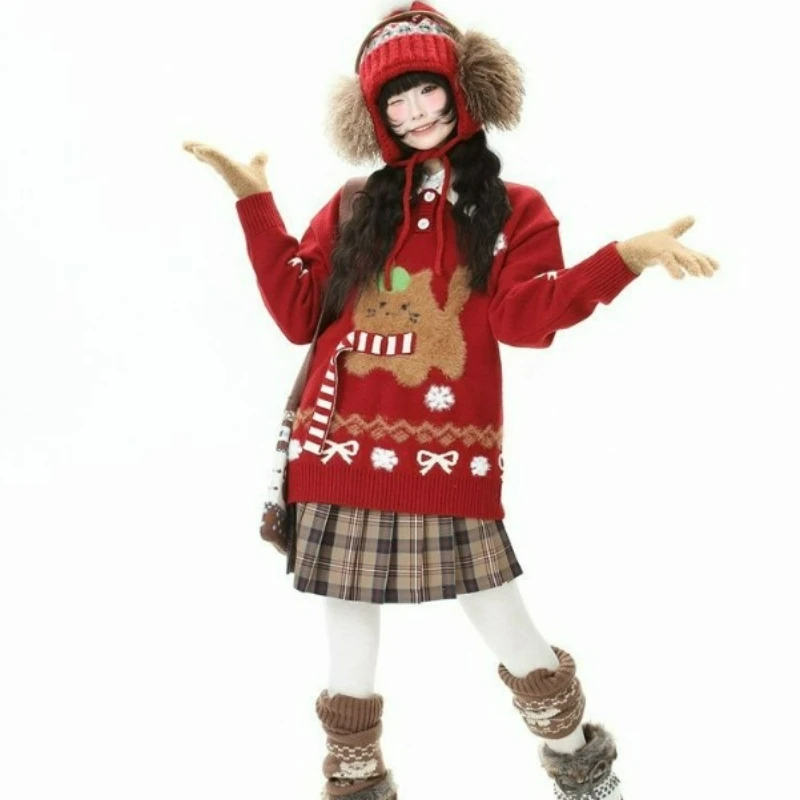 Świąteczny czerwony sweter z dzianiny z nadrukiem kotka dla kobiet, nowy styl jesień/zima 2026, modny, słodki, uroczy, luźny, swobodny top