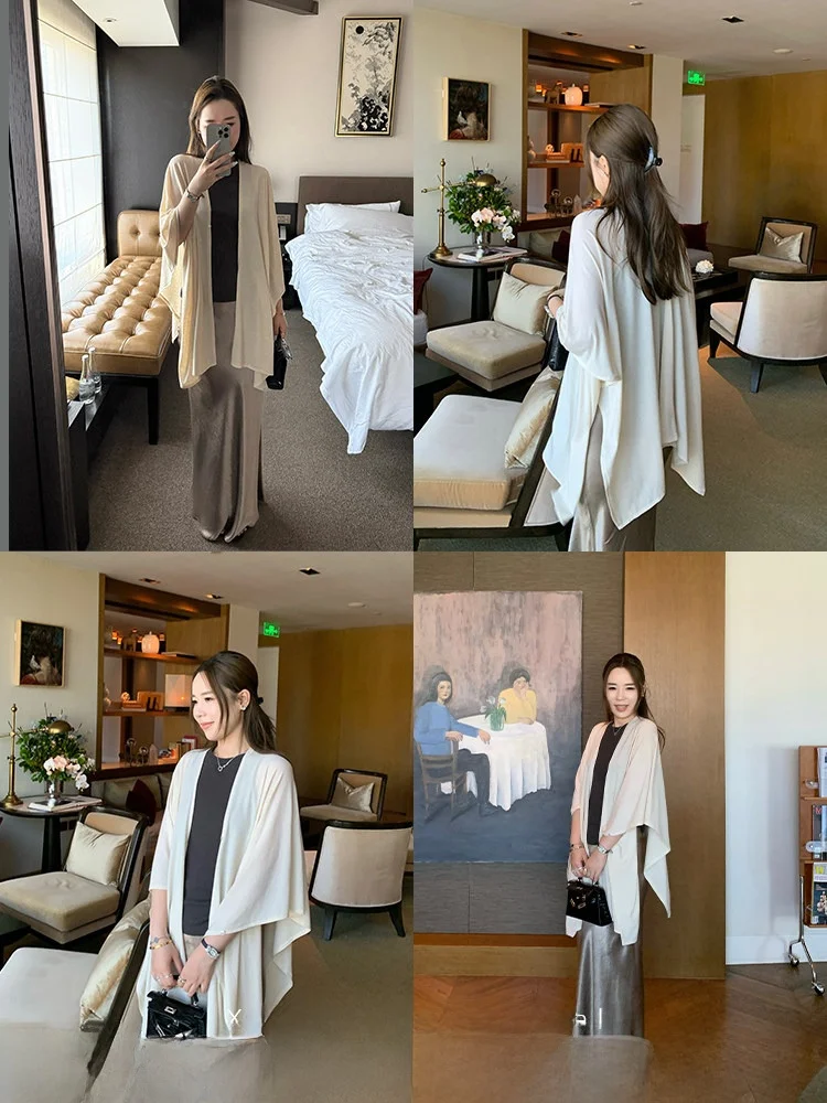 

Xzichic Lazy Godd Silk Knitted Open Cardigan Women's Asymmetrical Outerwear Large awl Thin Outer Summer Top