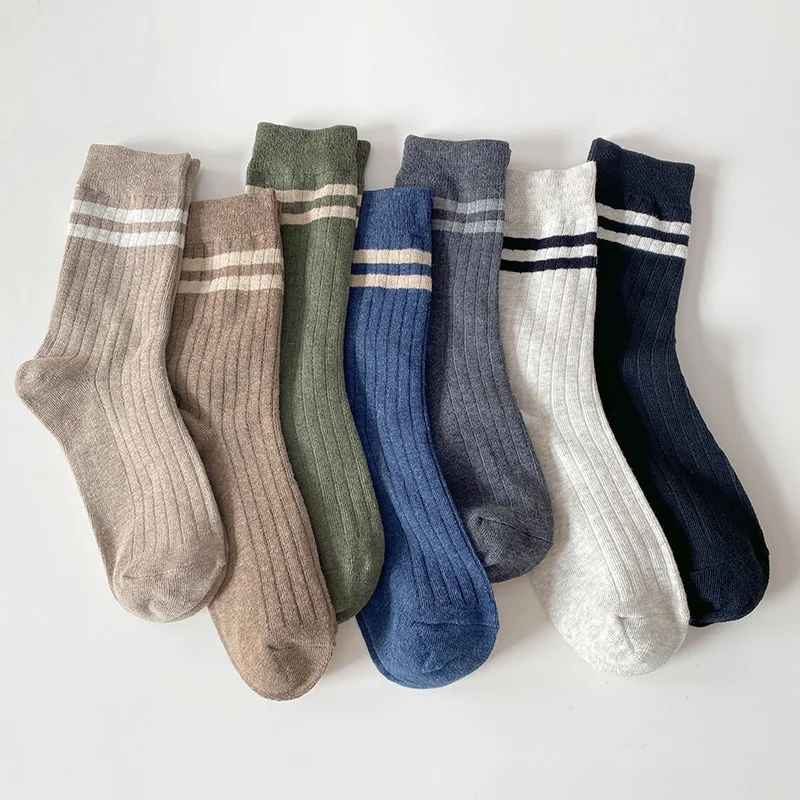 1 Pair Men's Ribbed Two Stripe Crew Socks Cotton Soft Breathable Preppy Casual Mid-Calf Socks EU 39-44 US 6-12