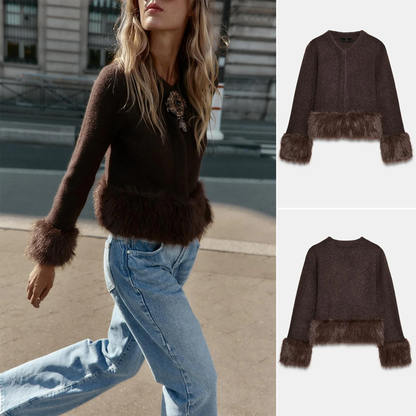 

Autumn Winter New Arrival Women's Lazy Sle V-Ne Long Sve Artificial Fur Patchwork Knitted Jaet ort Length Polyeste...