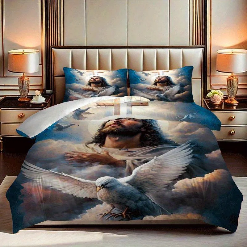 2/3pcs, Serene Christ doves holy spirit peace love faithQuilt cover set with printed pattern, quilt cover set