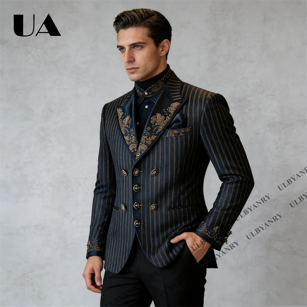 Men’s Navy Blue Gold Stripe Brocade Tuxedo, Double - Breasted Floral Embroidery Suit for Wedding Groom Prom Evening