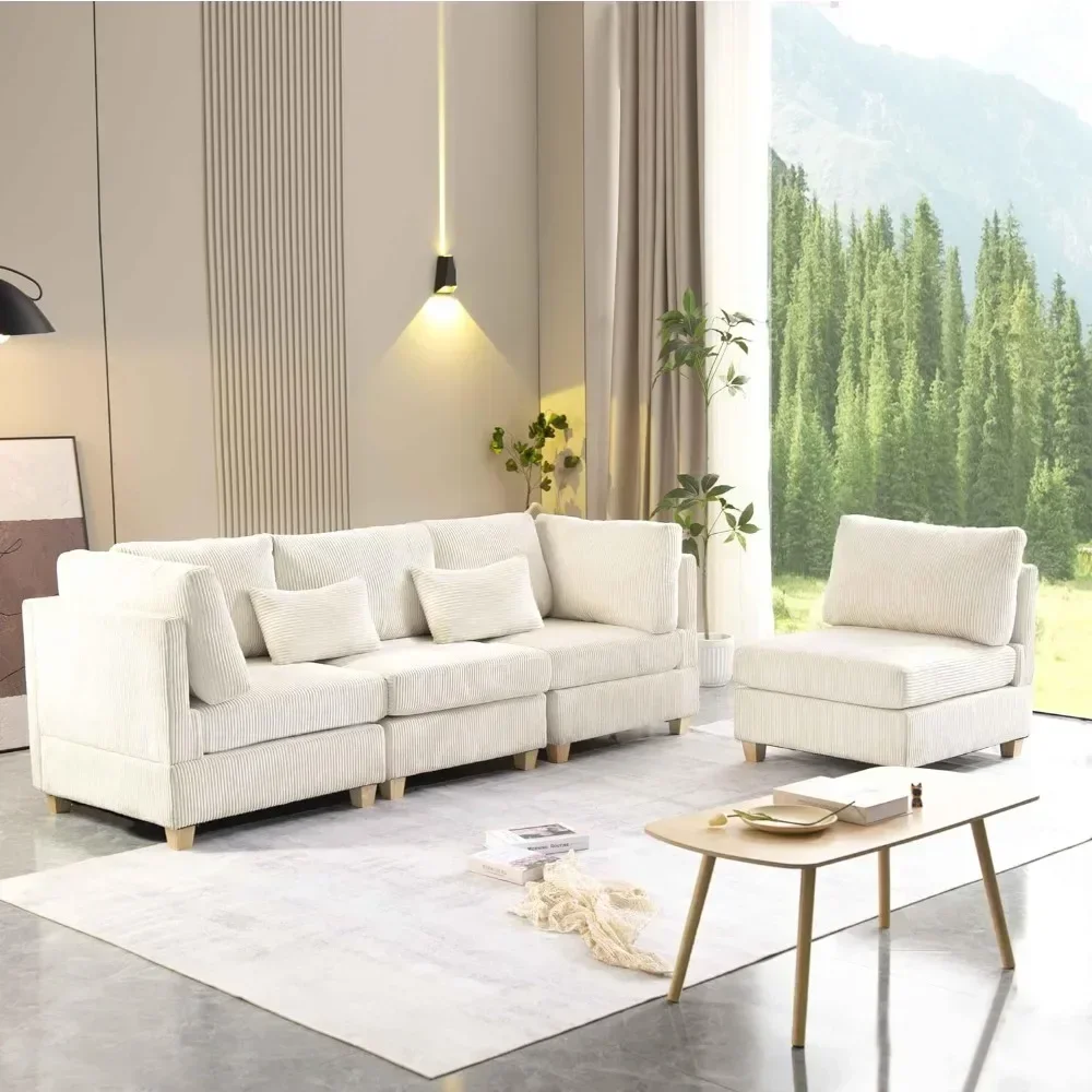 L Shaped Convertible Modular Sectional Sofa with Movable Ottoman Wooden Legs and Thicked Cushions