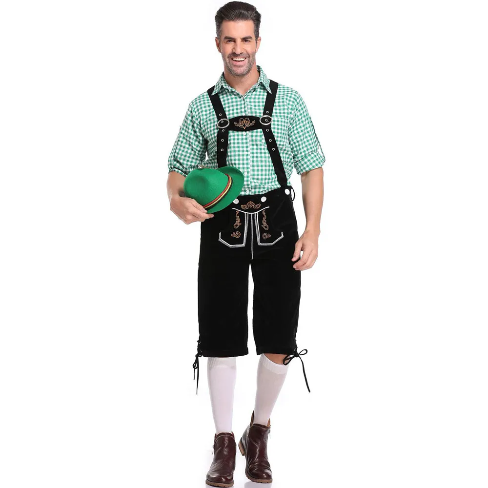 Adult Man Costume Overalls Shirt Hat Suspenders Short Shorts 3Pcs/Set Bavarian Octoberfest German Festival Beer Male Cosplay