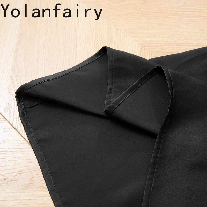 YOLANFAIRY 100% リアル桑シルクサマードレス 2025 スムーズなサテンシルクブラックドレス女性ラウンドネック半袖ドレスオフィス
