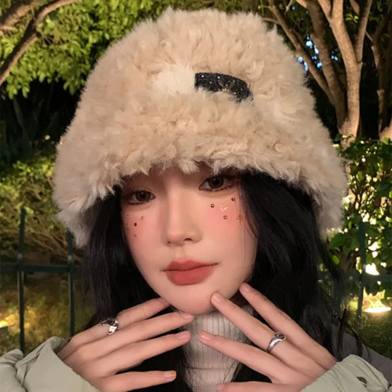 

Women's Winter Fur Knitted Plush Hat Fisherman Hat Furry Cute Little Woolen Hat Women Caps Present Black White