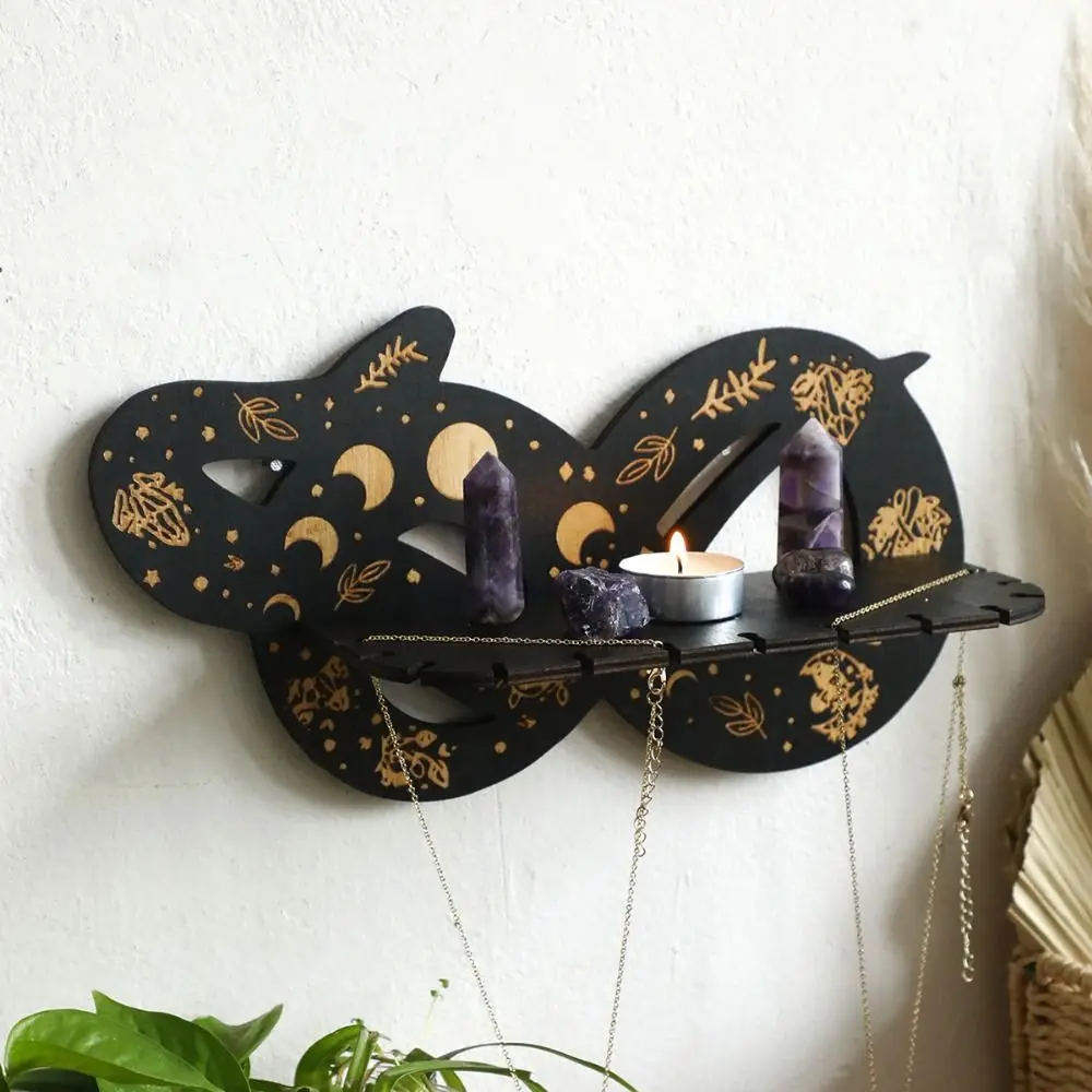 Wooden Snake Floating Wall Shelf Decorative with Moon Candles Display Stands Wall-Mounted Crystal Pendant Holder Home Decor