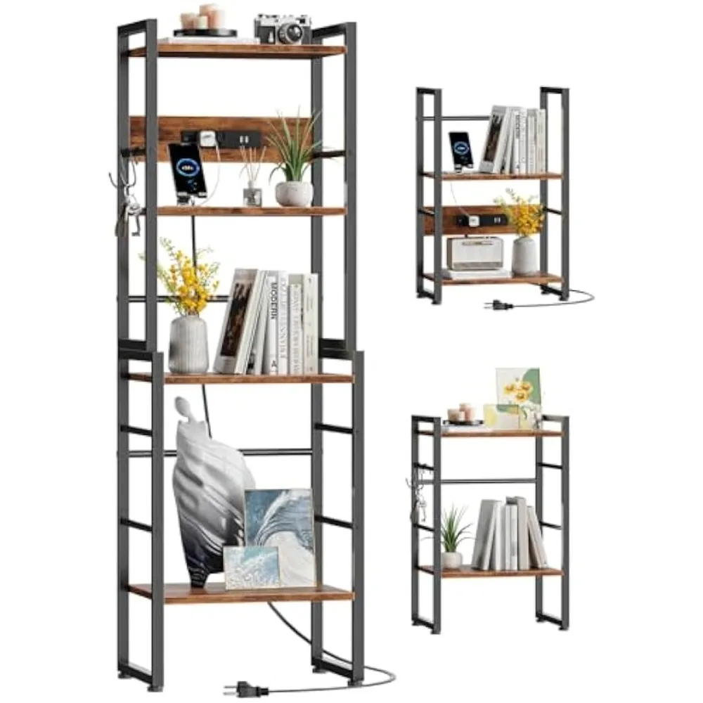 

Book Shelf, 4 Tier Bookshelf with Charging Station, Industrial Small Bookcase Set of 2, Display Shelf, Stackable Book Storage S