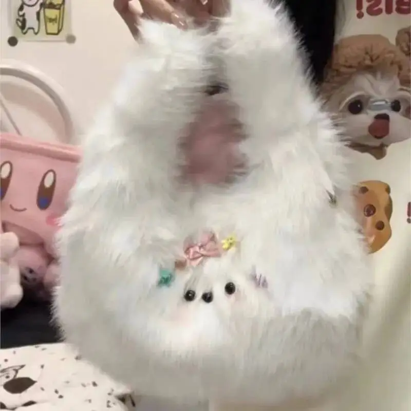 Bloom Haruku Aesthetic White Hand Bag Wallet Women Plush Chic Handle Casual Crossbody Bags Female Sweet Cute Y2k Handbag New