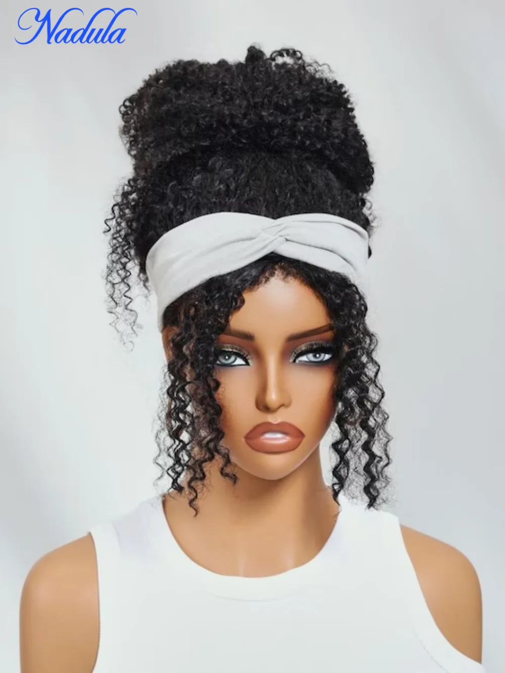 Afro Curly Blend & Secure DrawstringHalf Wig 4C Kinky Curly Human Hair 3/4 Half Wig Beginner Friendly Headband Curly Wig
