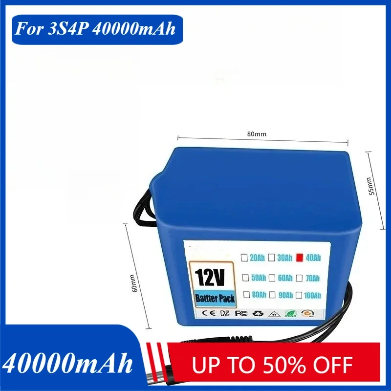 

12V 40Ah 18650 Lithium Battery Pack 3S4P Rechargeable Battery with BMS 12.6v Charger for Fishing Bicycle Large Capacity Battery