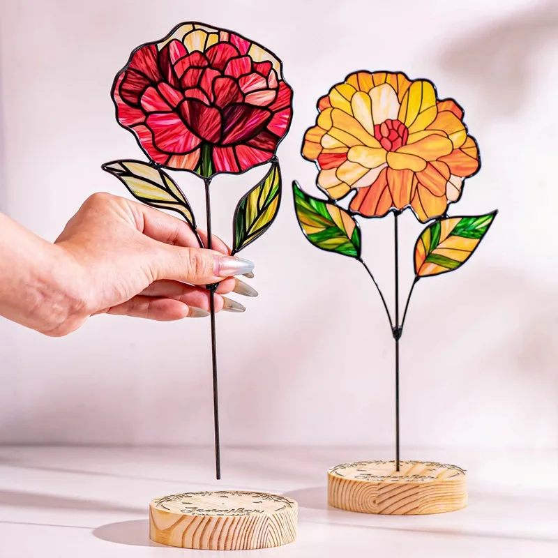 Stained Glass Flower Sun Catcher Mother's Day Birthday Gift Window Hanging Ornament Home Office Table Decor Handmade Present