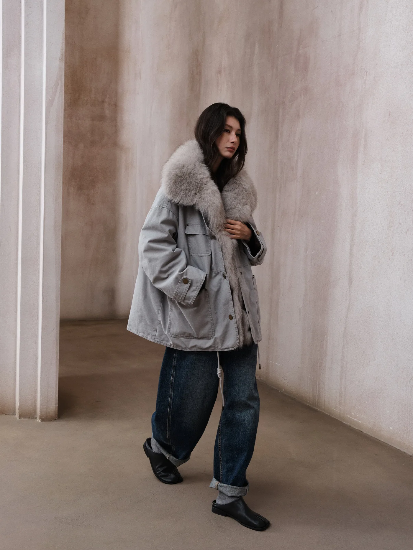 UMI MAO-Chaqueta holgada de longitud media para mujer, chaqueta de plumón de pato blanco 90% con cuello de piel de algodón, Casacos femeninos Y2K