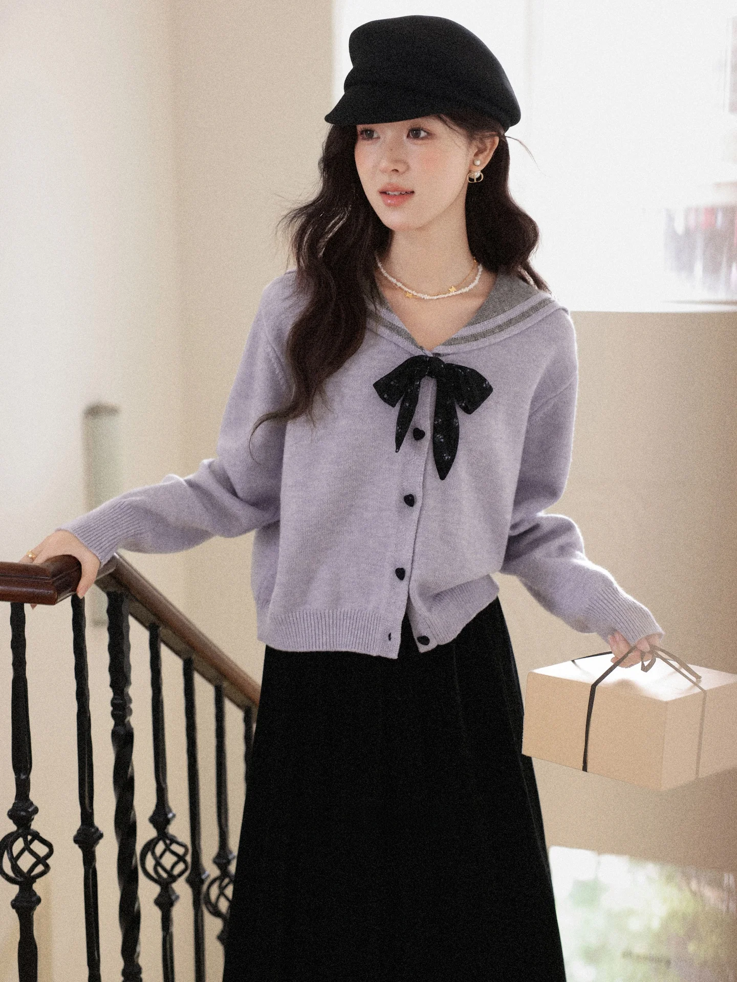

Purple Faux Two-Piece Sweater Women's Autumn Winter New Small Design Sense Open Cardigan Top Ele Sle