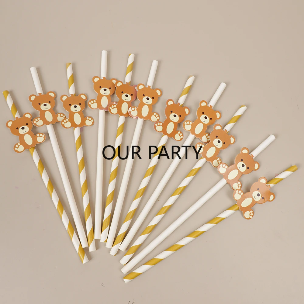 30Pcs Cartoon Brown Bear Theme Disposable Paper Straws Bar Juice Drinking Straw Kids Birthday Baby Shower Party Decoration