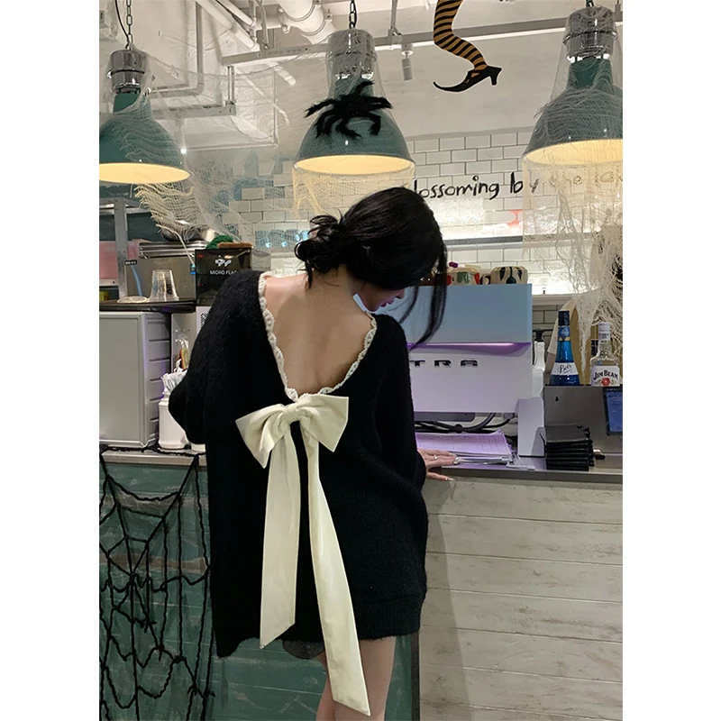 MEXZT Elegant Bow Sweater Women Sexy V Neck Oversized Knitted Pullovers Aesthetic Lace Knitwear Korean Long Sleeve Jumpers New