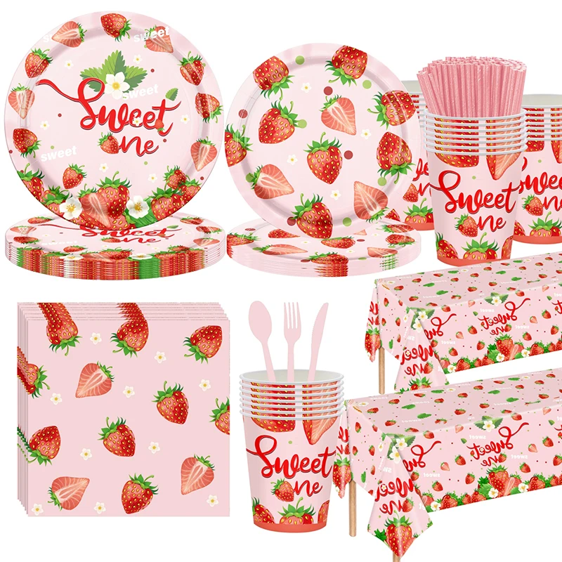 133pcs Strawberry Themed Supplies for Girls Kids Sweet birthday Party Decorations Berry First Disposable Tableware Set Plates