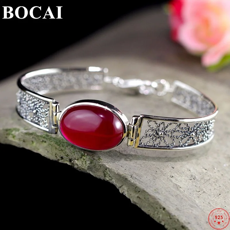 BOCAI S925 Sterling Silver Bangles for Women New Fashion Hollow Argentum Wires Inlaid Chalcedony Red Corumdum Free Shipping