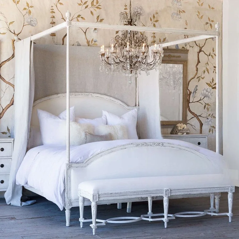 French retro old solid wood bed, American carved bedroom double bed