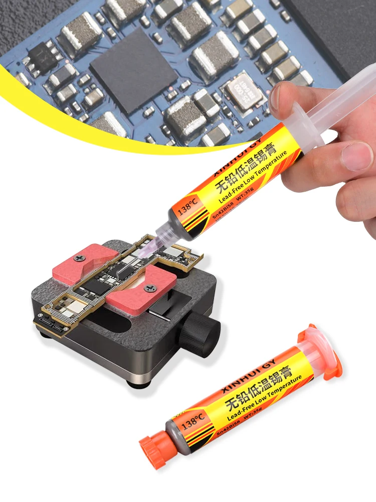 Low temperature lead-free solder paste with a melting point of 138 and solder paste needle tube for repairing electronic boards