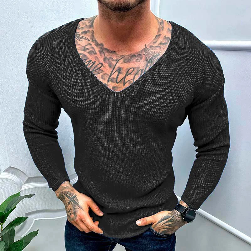 

2023 Spring Casual Solid Color Slim Long Sleeve Sweaters Mens Clothing Leisure V Neck Knitting Pullover Streetwear Men Knit Tops