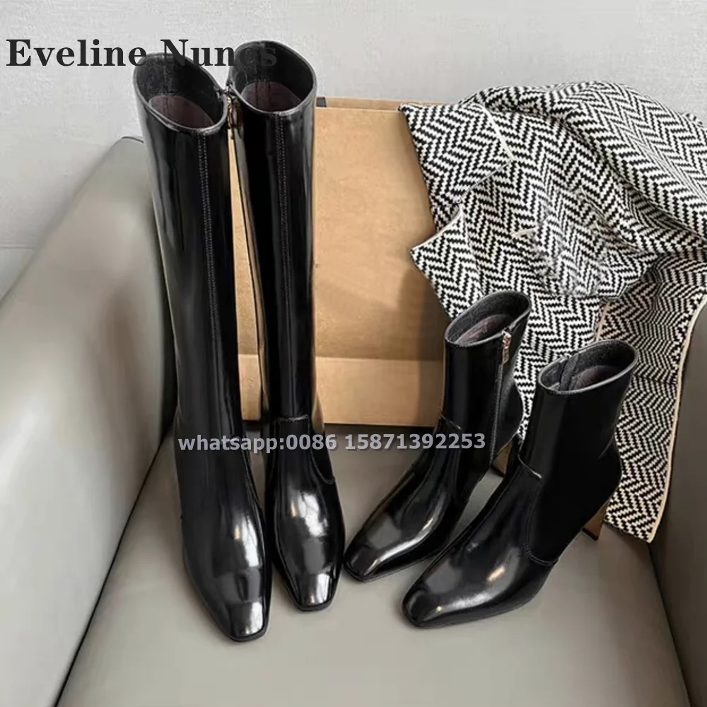 Golden Blade Heel Black Booty Square Toe Height Increasing Patent Leather Knee High Boots Solid Sexy Fashion Booties 2024 Autumn