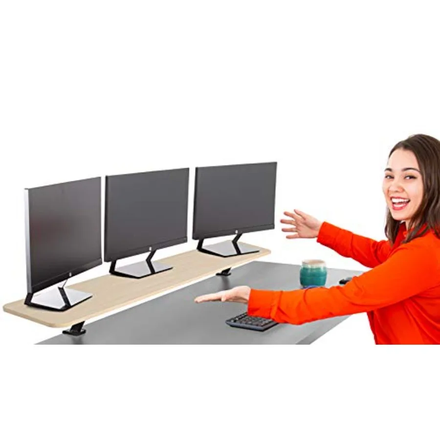 55 Inch Clamp On Desk Shelf for 3 Screens with Maple Finish Ergonomic Monitor Stand with Clamp Base Supports Up to 55 In No Scr