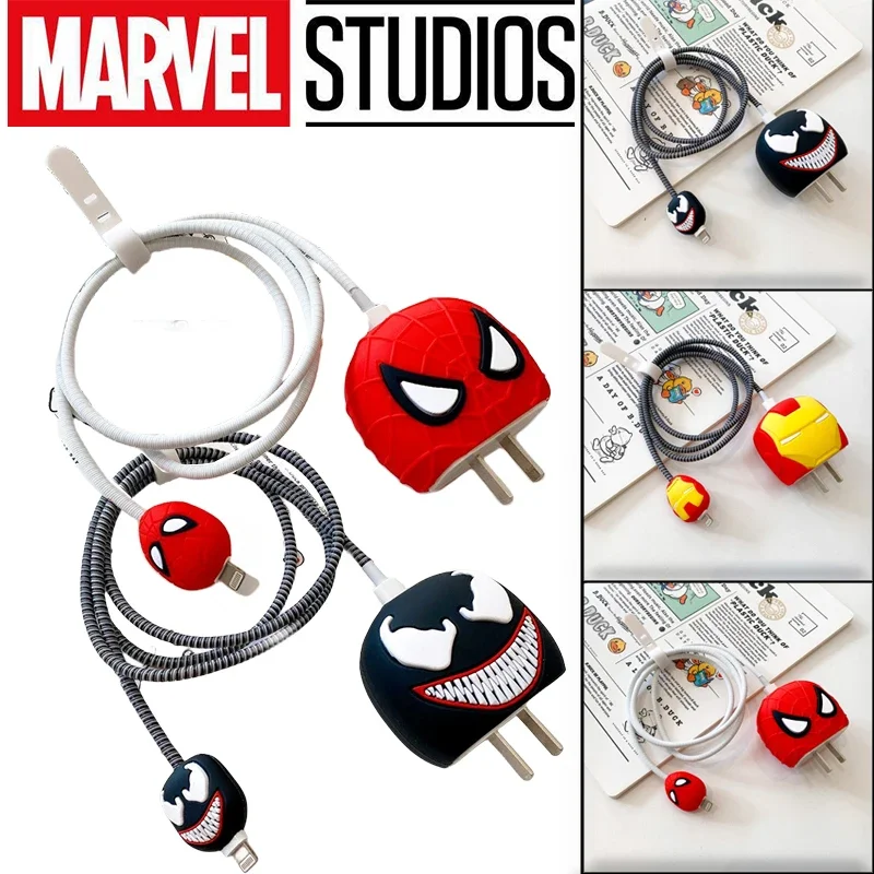 Marvels Spiderman for IPhone 18w/20w Charger Protective Case Cartoon Data Cable Head Bite Protector Shell Sleeve Birthday Gifts