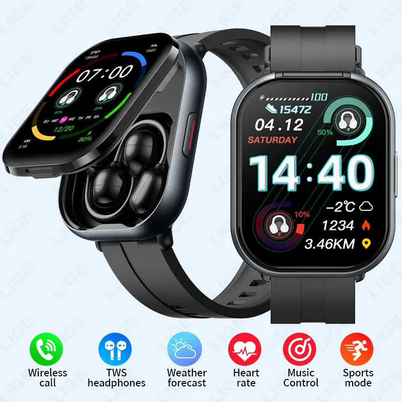 

LIGE Men TWS Smart Watch Bluetooth Call Headphone Music Earphone Heart Rate Sports Earbud Smartwatch 2.01'' Large Screen Watches