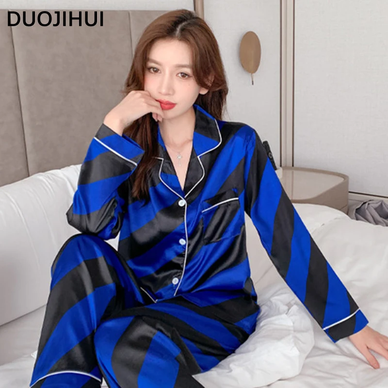 DUOJIHUI Casual Loose Autumn Classic Women's Pajamas Set Chic Button Cardigan Simple Pant Fashion Female Sleepwear Sets 3XL-8XL