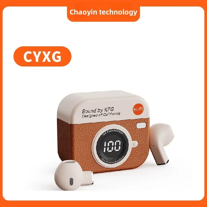 Bluetooth Earbuds Mini Retro Camera Design with HD Display, Long Battery Life for Running and Sports