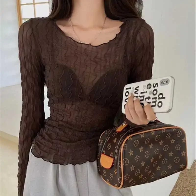 T-shirts Women Sexy Sheer Chic Korean Style Design Simple O-neck Graceful Hotsweet Streetwear All-match Pure Color Summer Tops