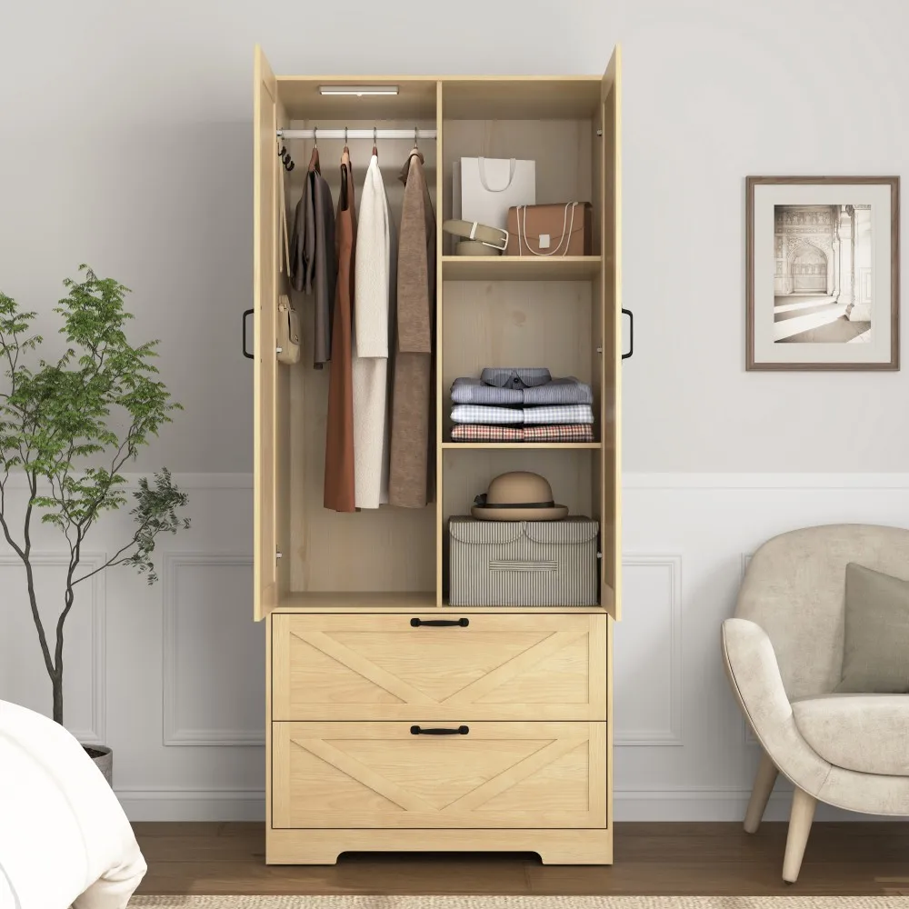 2-Door Wood Modern Apartment Wardrobe Hanging Rod Induction Light Built-in Mirror Bottom Drawers Multifunctional Bedroom Closet
