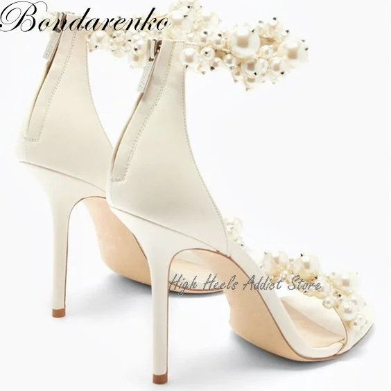 Stain Embellished Pearl Leather Sandals Women\'s Designer Shoes Nude Heels for Wedding Sandals Stiletto Heels Summer 2022 New