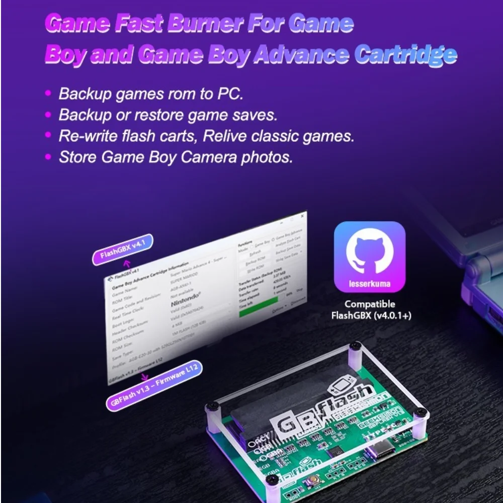 GBFlash GBA/GBC Burner تصميم رائع محول USB بدون شاشة GB Flash Cart وكابل بيانات من النوع C