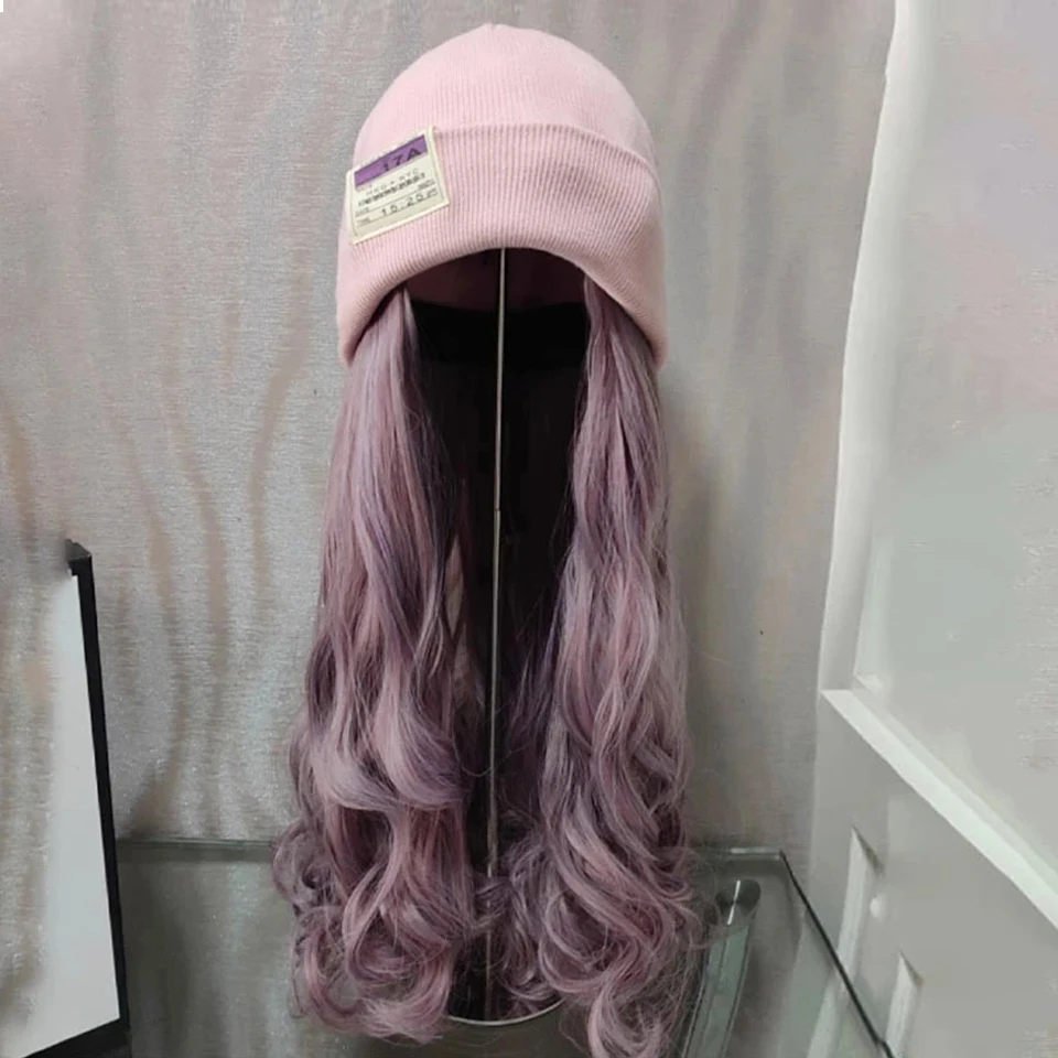 Long Wavy Knit Hat Hair Extensions Synthetic Natural Wave Hair Hat Wig for Women Autumn Winter Hat with Long Curly Fake Hair