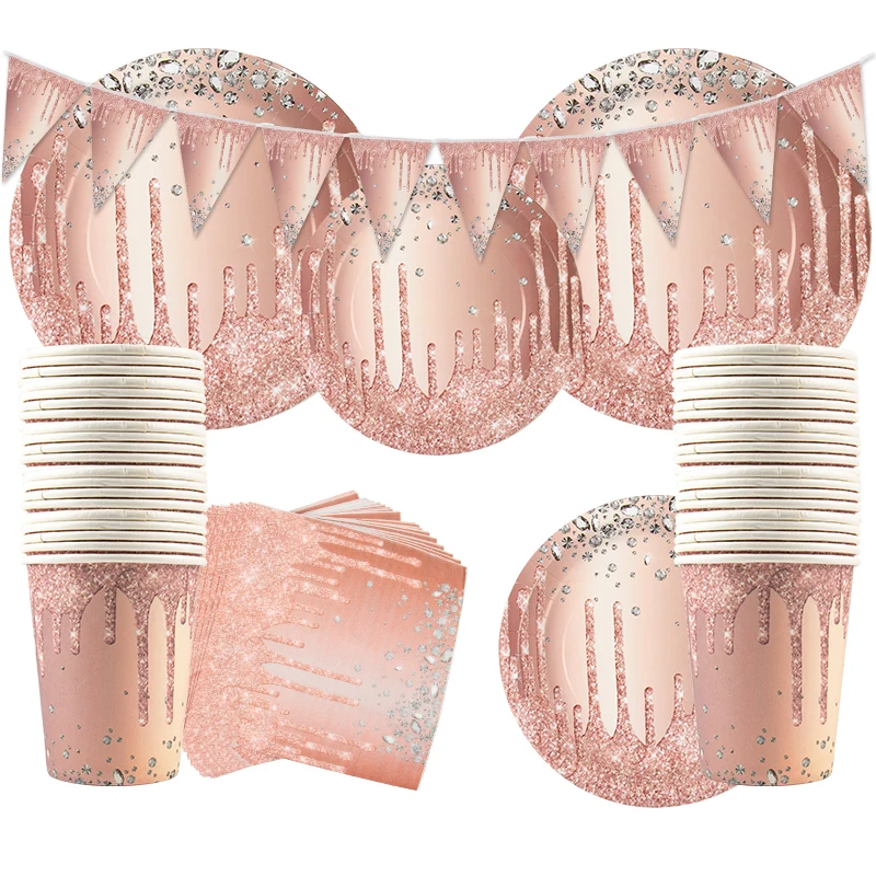 

Rose Gold Disposable Tableware Diamond Glitter Paper Plate Cup Napkins Wedding Birthday Party Decoration Baby Shower Supplies