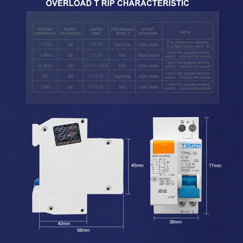 TOMZN TPNL DPNL 230V 1P+N Residual Current Circuit Breaker With Over And Short Current Protection RCBO MCB, TPNL