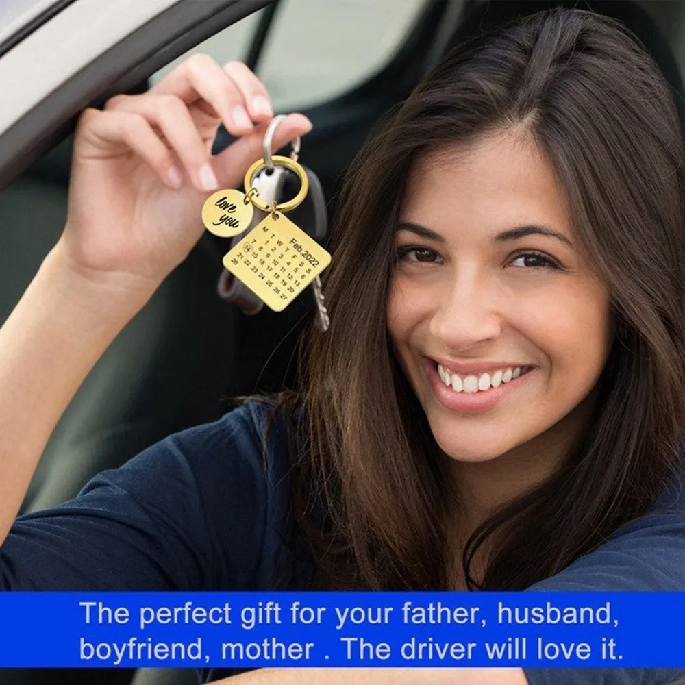 

New Year Christmas Gifts Customed Calendar Date Engraved Stainless Steel Keyring Love You Keychain Memorial Valentines Day