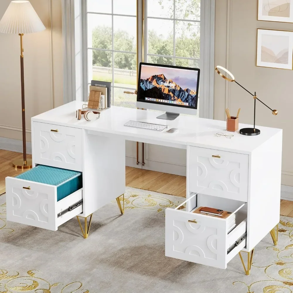 59-Inch White Executive Computer Desk with 4 File Drawers Storage, Modern Writing Table, Luxury Desk
