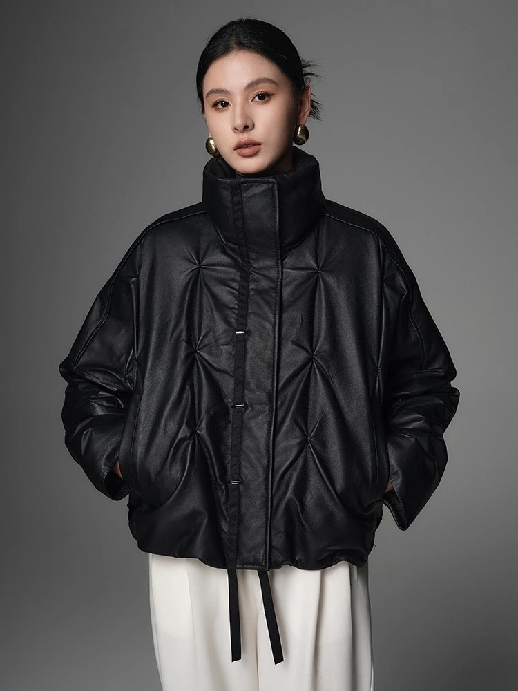 

Casual Winter Genuine Leather Goose Down Jackets for Women 2026 High-end Simple Stand Collar Soft Black Real Sheepskin Down Coat