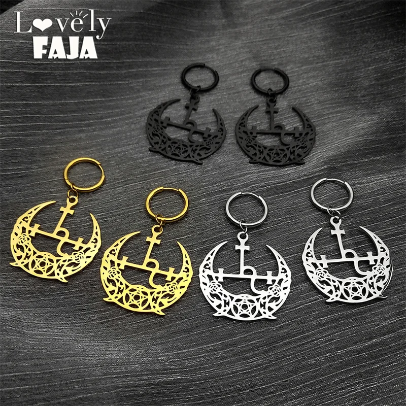 Wicca Triple Moon Crescent Pentagram Hoop Earrings For Women Men Stainless Steel Gold Color Satan Lilith Drop Earrings Jewelry