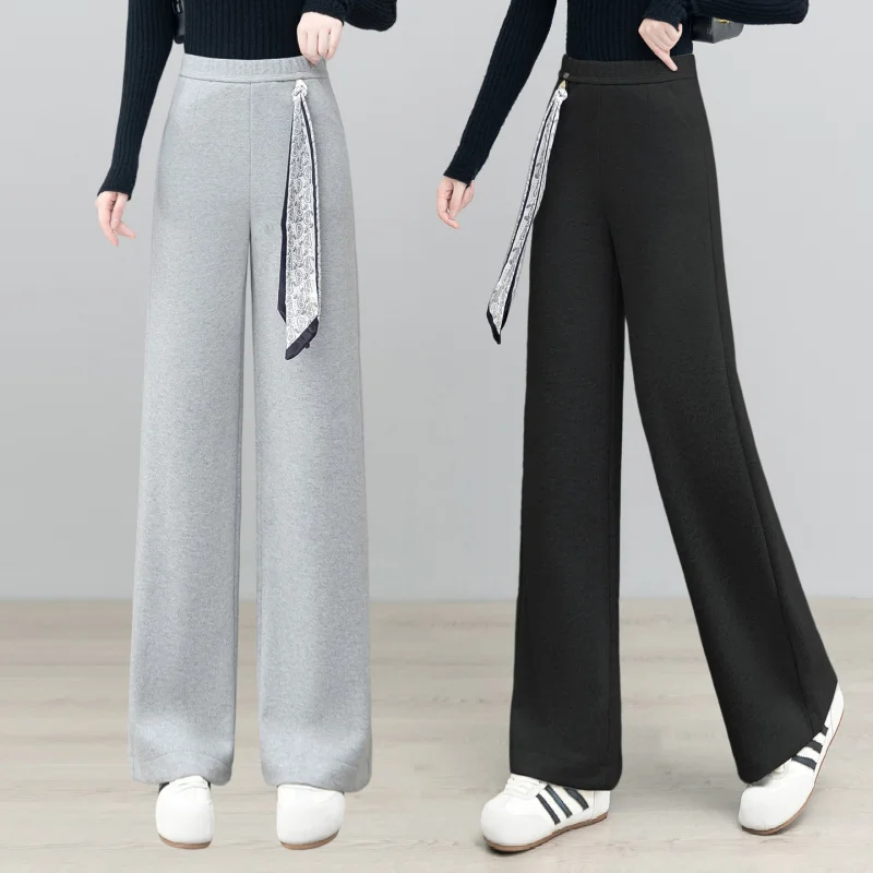 

Acetate Wool Loose Straight Pants for Women, Stretchy, Skin-Friendly, Draped, High-Waisted, Slimming, Casual Pants