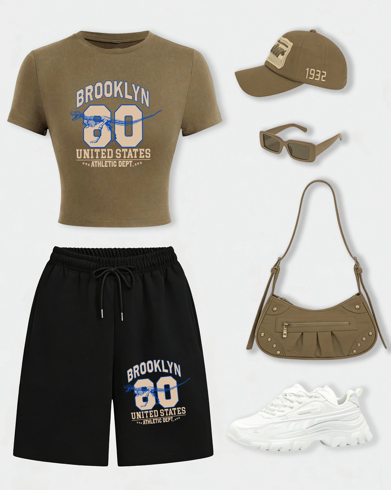 

Женские хлопковые комплекты с принтами Brooklyn United States Athletic Dept: укороченные футболки и летние шорты с широкими штанинами на шнурке