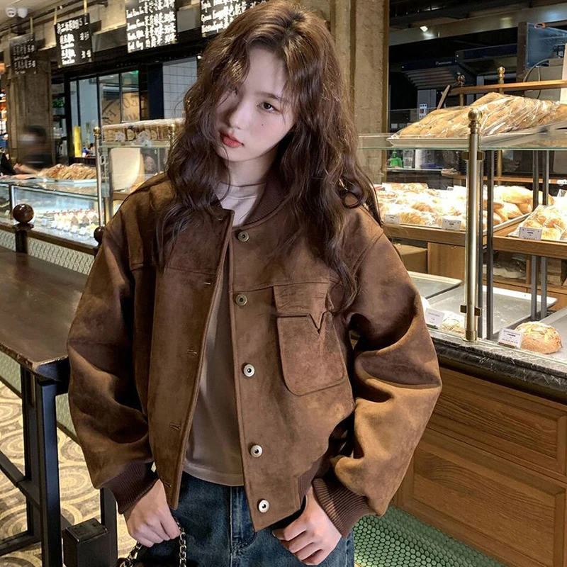 Women Faux Suede Jacket Snap Button Bomber Coat Ribbed Collar Flap Pocket Cropped Retro Western Motorcycle Outerwear Top