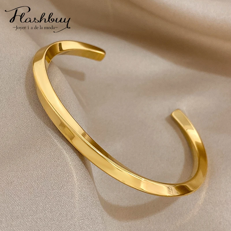 FLASHBUY 316L Stainless Steel Simple Gold Color Cuff Bangles Bracelets for Women Men New Trendy Waterproof Jewelry Gift