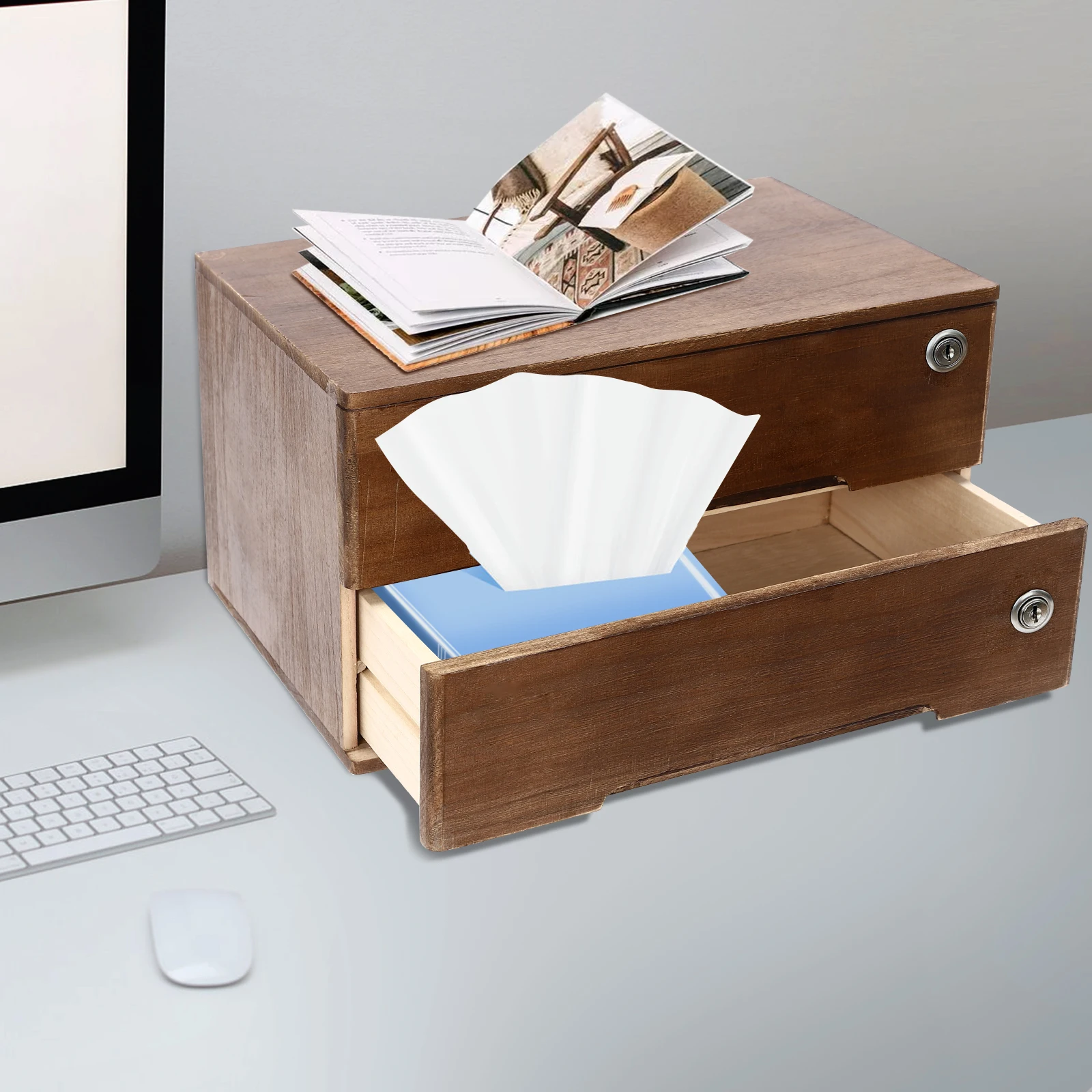 

2-Tier Lockable Storage Cabinet W/ 4 Keys, Walnut Finish, Compact Rectangular Design,Perfect for Home Office & File Organization