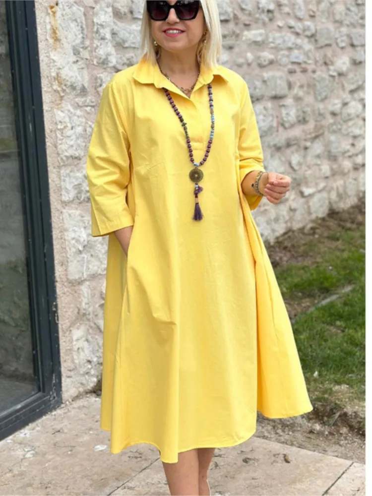 

Spring New Dress Women's Solid Flip Collar Casual Double Pocket Dress 3/4 Sleeved Loose Shirt Dress Office Lady Commuting Dress