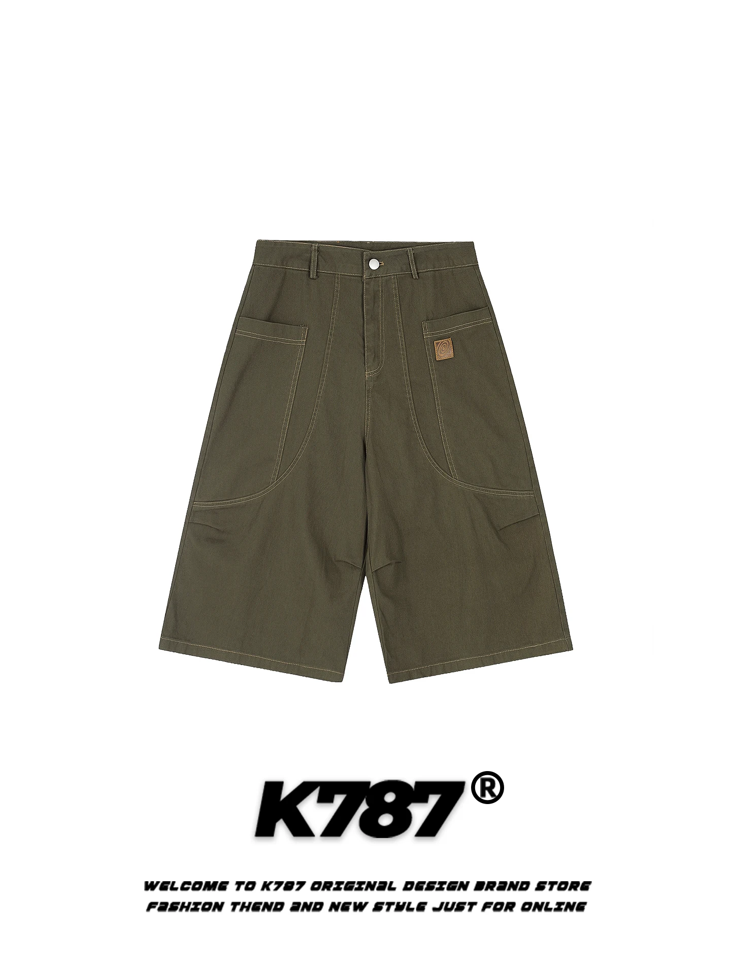 

K787 American Retro Stitched Line Seven-Five Wide Leg orts ex High Waist Loose Color Loose Workwear Straight Leg ...